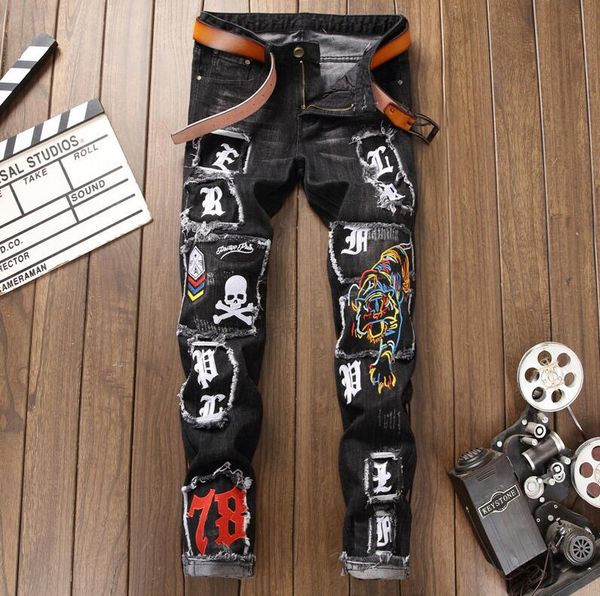 

autumn winter mens jeans uomo washed worn out embroidery tiger shantou badge small feet elastic force jeans men slim fit pants, Blue