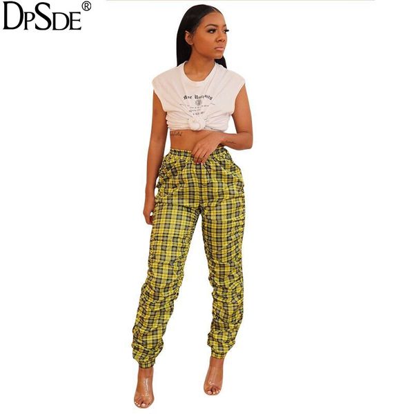 

dpsde 2020 women street fashion casual street style long pants elastic high wasit plaid printed long little feet pants, Black;white