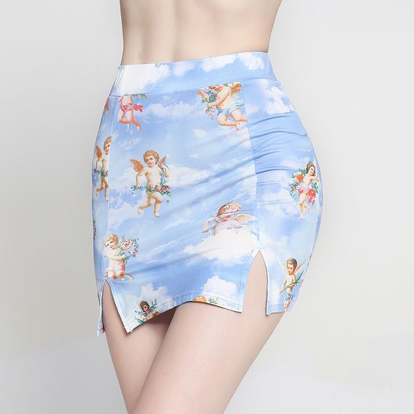 

summer women high waist skirts package hip split waist mini skirt cute cartoon angel printed skirts, Black