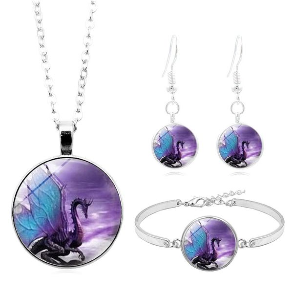 

blue wing dragon jewelry sets silver fashion dragon p cabochon glass necklace bracelet earring jewelry sets for women