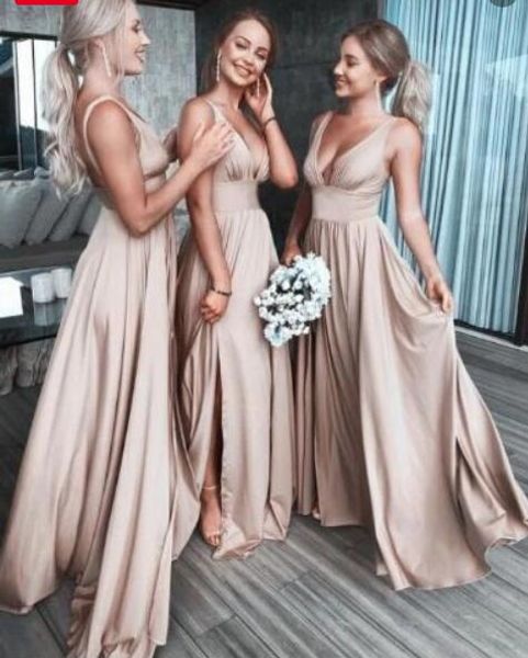 

v neck split side champagne long bridesmaid dresses for wedding party, Red;white