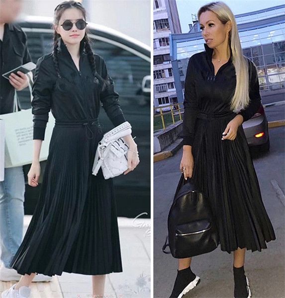 

stand collar womens pleated dress long sleeve letter print womens casual dress panelled dress with zipper, Black;gray