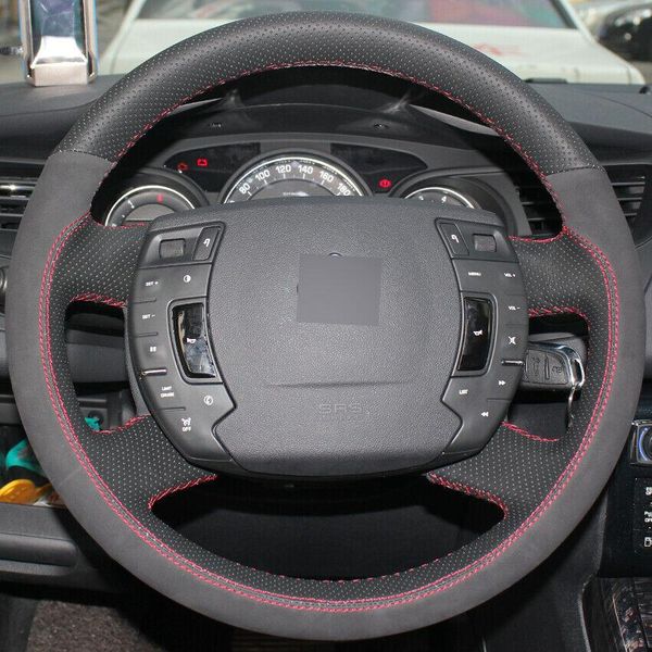 

black leather suede hand-stitched car steering wheel cover for citroen c5 08-17