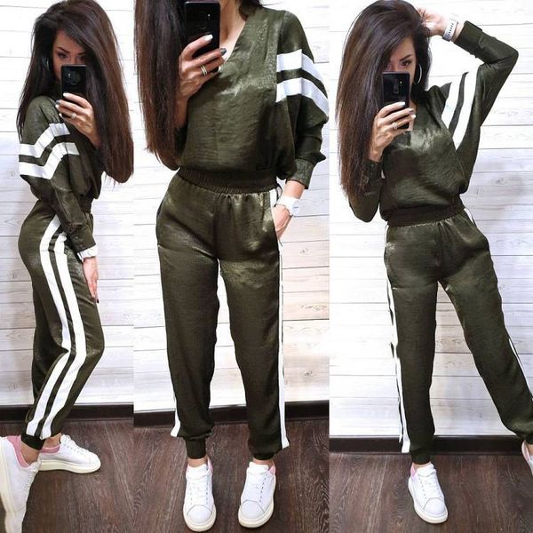 

2019v women's neck splicing sports leisure suit two piece set, Gray