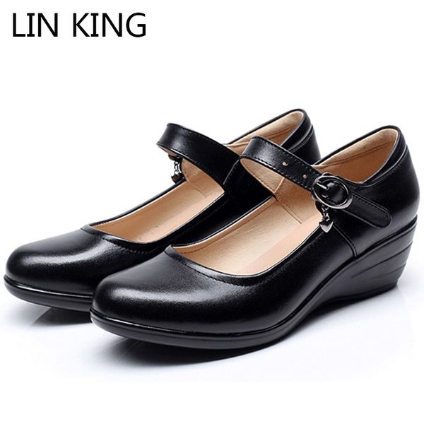 

lin king casual genuine leather women pumps buckle wedges high heel shoes spring autum platform shoes comfortable mother shoes, Black