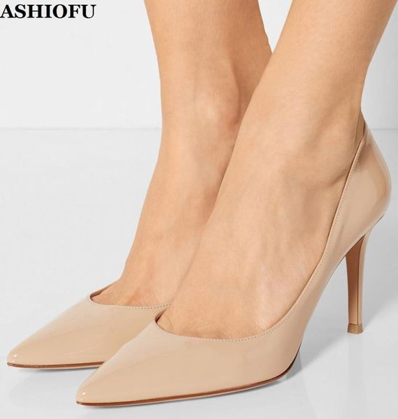 

ashiofu handmade ladies stiletto heel pumps slip-on party prom dress shoes plus size evening club fashion court shoes, Black
