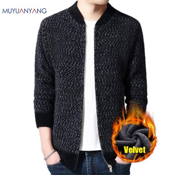 

mu yuan yang 2020 new fashion velvet sweaters mens cardigan thick slim fit jumpers knitwear zipper warm winter casual menclothes, White;black