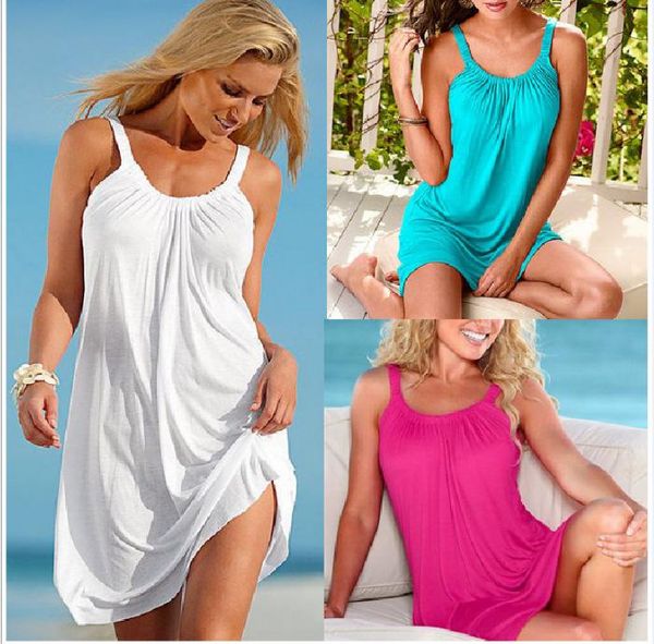 

11 colors beach dress women clothing loose dress sleeveless summer beach wear casual style solid women sling dresses female boho chic, White;black