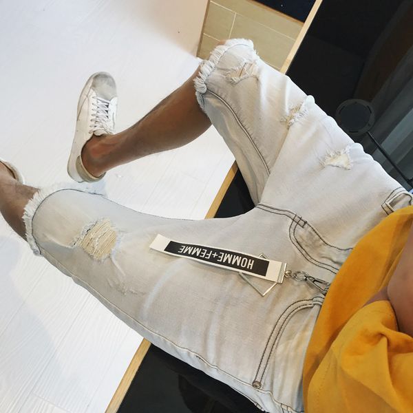 

men's jeans fashion mens ripped short casual summer cotton knee length stretch denim destroy shorts jean, Blue
