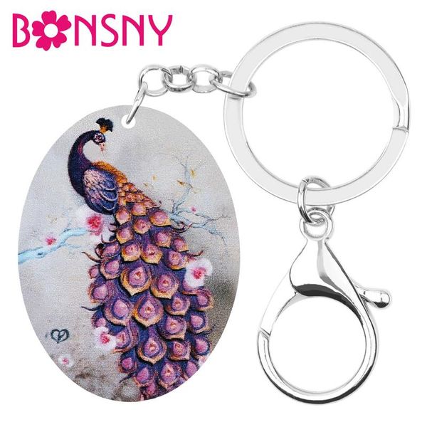 

acrylic oval purple peapock peafowls keychains bird animal keyring jewelry for women teens trendy wallet car decoration, Silver