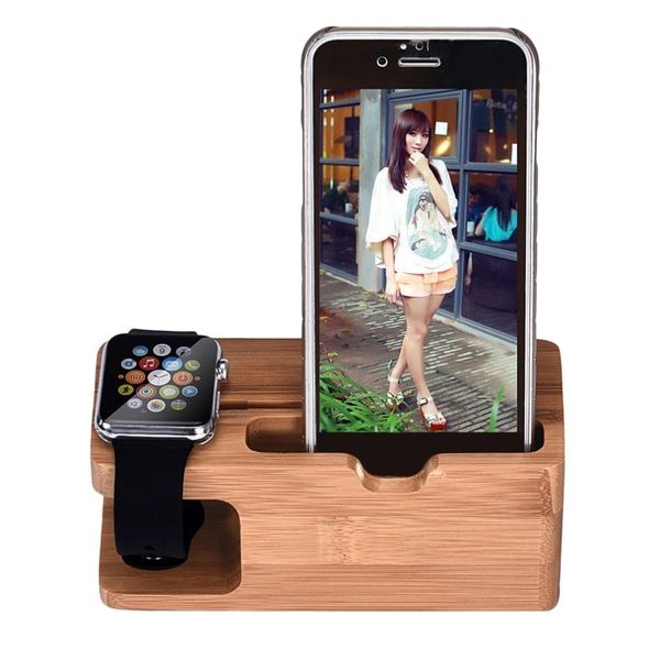 

new mobile phone holder charging stand station bamboo wood base docking mount apple watch for iphone