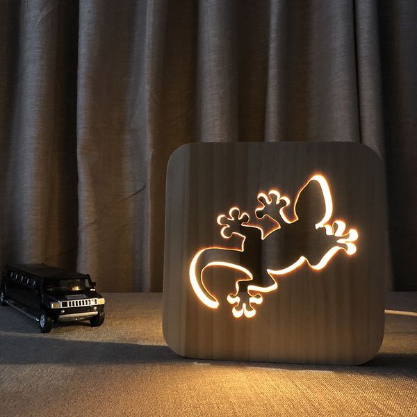 

3d wooden lizard shape lamp nordic wood night light warm white hollowed-out led table lamp usb power supply as friend's gift