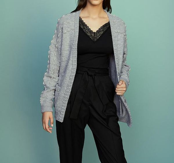 

2018 france long leeve o neck lady grey cardigan pearl beaded weater women ma fall autumn