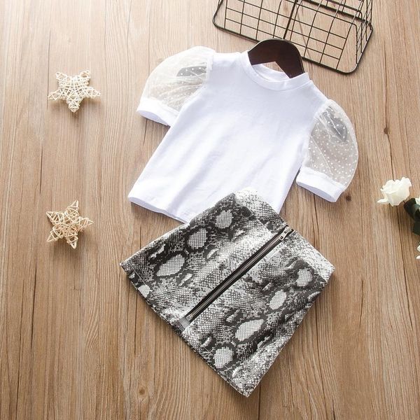 

summer toddler kid baby girl clothes lace short sleeve t-shirt zipper skirt party outfit clothing fashion day set 2-7y, White