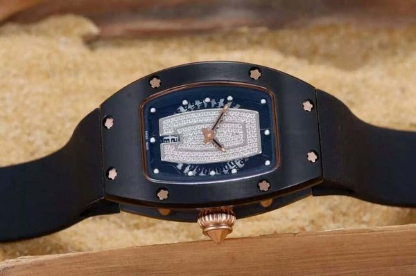 

luxury black pvd stainless women mechanical automatic skeleton watch date lady diamond transparent back rubber womens wristwatches box paper, Slivery;brown