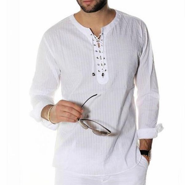 

casual men solid color lace up ribbed long sleeve tunic shirt linen blouse top, White;black