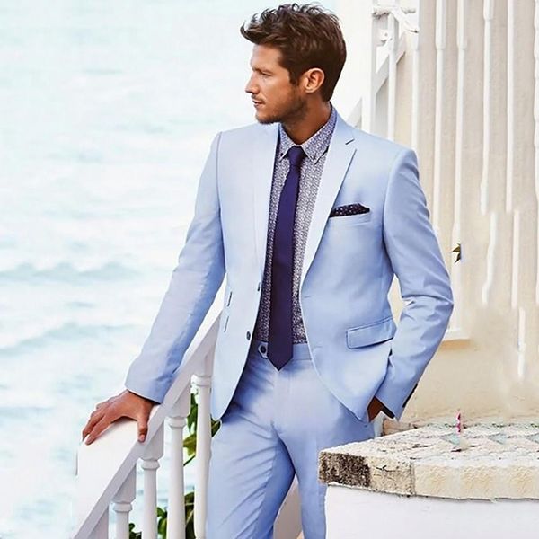 

casual light blue men beach wedding suits for men custom groom man 2 pieces prom suits(jacket+pants), Black;gray