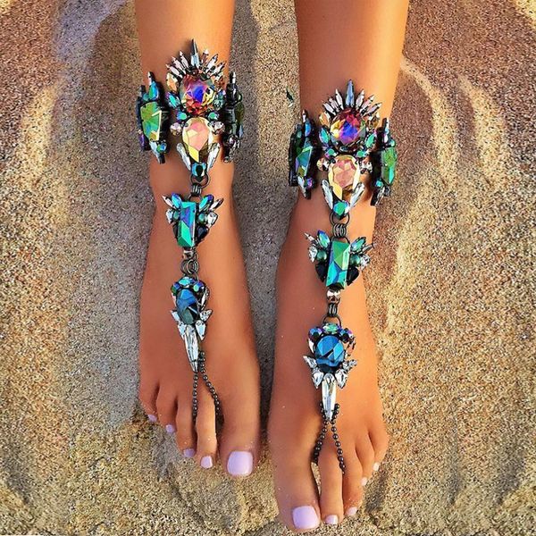 

lady australia beach vacation ankle bracelet sandals leg chain female boho crystal anklet statement jewelry wholesale, Red;blue