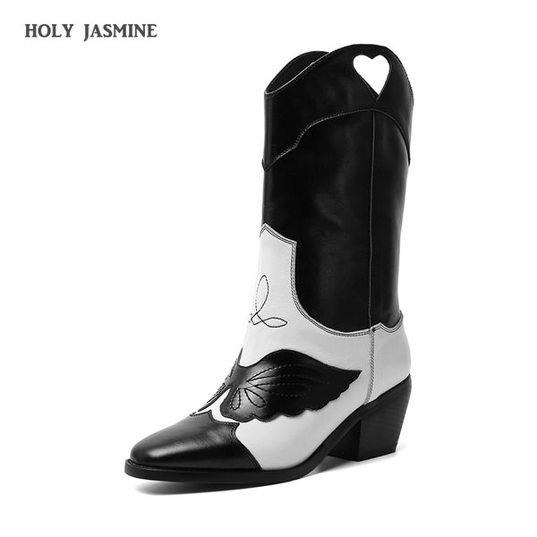 

2019 winter new classic western cowboy boots for women pointy toe leather cowgirl boots square heels shoes woman mid-calf, Black