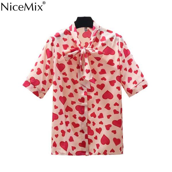 

nicemix women fashion 2018 summer autumer long sleeve leisure chiffon blouse casual female bow pink heart shape blusas, White
