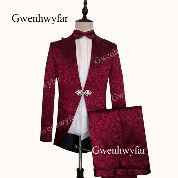 Gwenhwyfar New Borgonha Homens Terno para Casamento Personalizado Slim Fit Dragão Jacquard Jacquard Homens de Bridegroom Suits Causal Prom Noivo Terno 2 peça