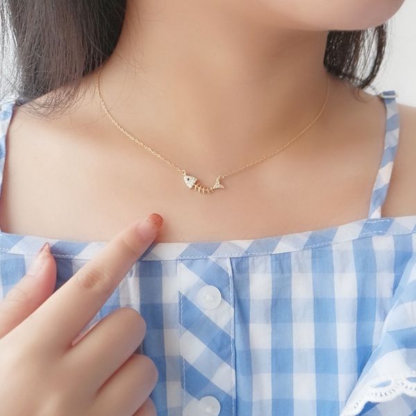 

korean exquisite inlaid zircon fish bone pendant necklace for women s925 sterling silver clavicle chain necklace jewelry, Golden;silver