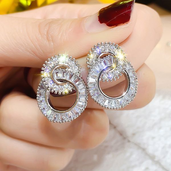 

fashion crystal earrings for women stud silver-plated copper and zircon women's circle earrings double hoop round, Golden;silver