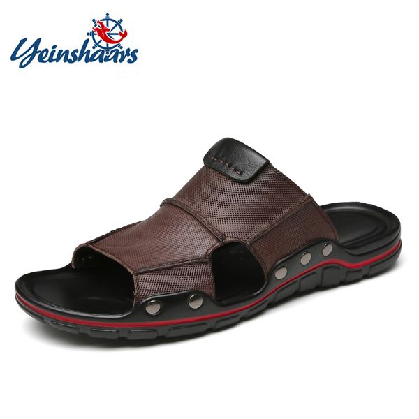 

yeinshaars man leather slippers breathable 2020 summer men sandals outdoor genuine leather male beach shoes big size 38-47, Black