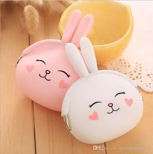 

prettygift korean cute rabbit silicone coin purse round tin iron box purse mini wallet key bag coin money storage bag q candy box wallet, White