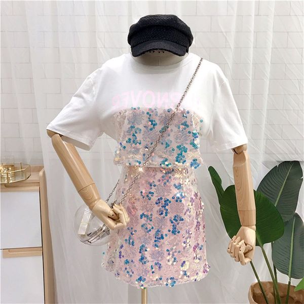 

new women loose short sleeve letters print sequined tees and luxurious sparkle pink golden sequins party skirt suits dy333, White;black