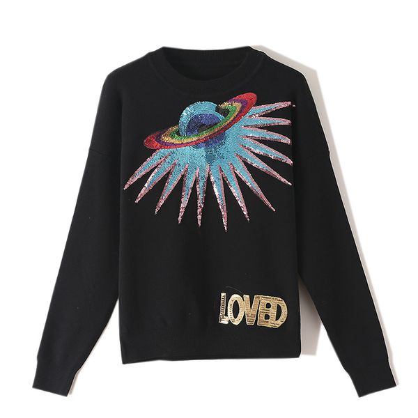 

осень и зима женщин свитер дизайнер уличной новый круглый вырез свитер звезда письмо блесток вышивка свитер размер s-l оптовая, White;black