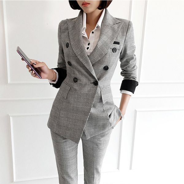 

elegant formal pant suits women's pant suits two-piece sets office lady work slim suit jacket plaid blazer set women set 2 piece, White;black