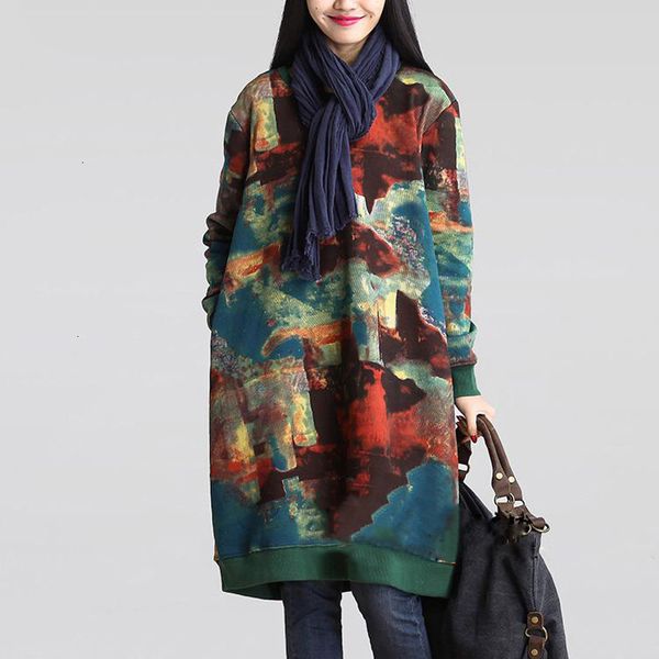 

plus size woman dresses women winter vintage dress autumn long sleeve casual loose pockets print long vestidos robe femme oversize, Black;gray