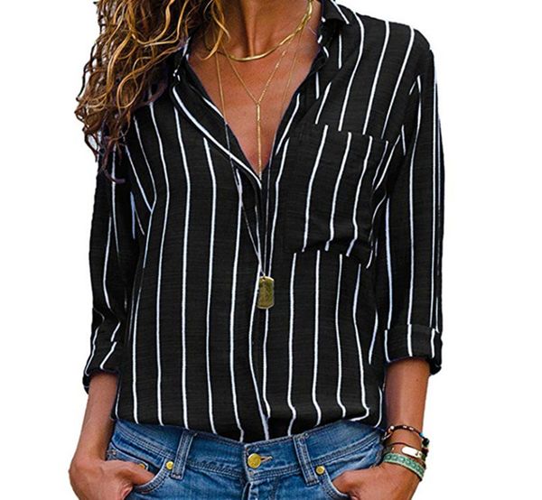 

дизайнер блуза женщина плюс размер полосатого ролл tab с коротким рукавом рубашка женщины блузки 2019 весна с длинным рукавом большого разме, White