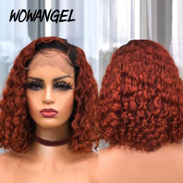 

wowangel curly 13x6 deep part lace front human hair wigs ombre ginger orange colored with baby hair per plucked brazilian remy, Black;brown