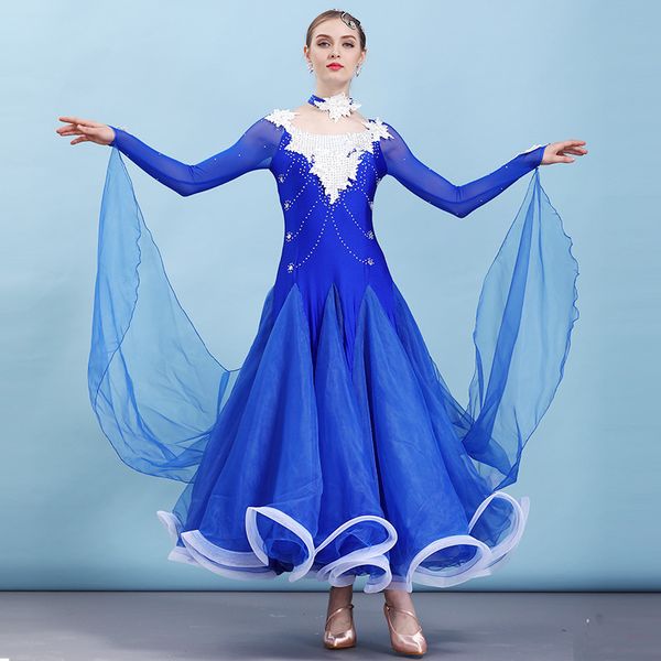 

blue women modern waltz ballroom competition dance dress applique& rhinestone ballroom dance standard costumes tango skirt, Black;red