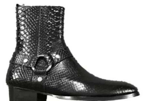 

2019 new pointed toe male boots snakeskin print leather ankle men party shoes fashion men booties low heel dress shoes, Black