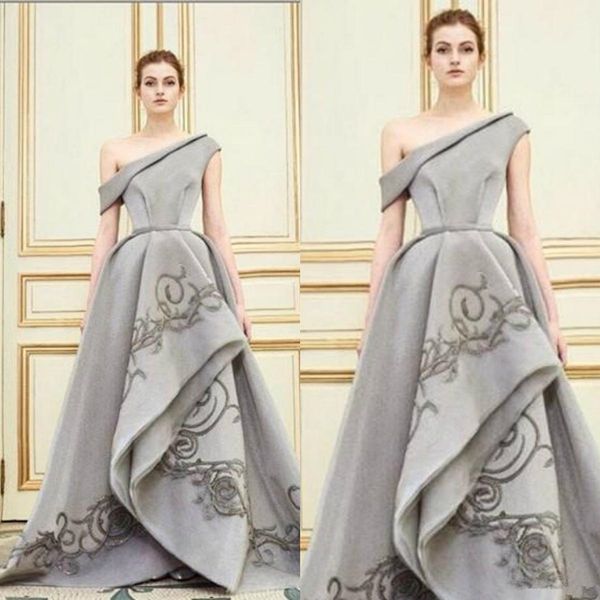 

zuhair murad one shoulder evening dresses applique satin prom gowns plus size formal party dress sweep train robes de soirée, Black;red