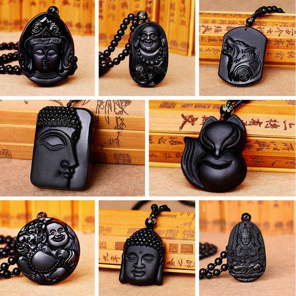 

drop shipping 3a black obsidian carving wolf head amulet pendant necklace blessing lucky pendant men reiki jewelry black crystal, Silver