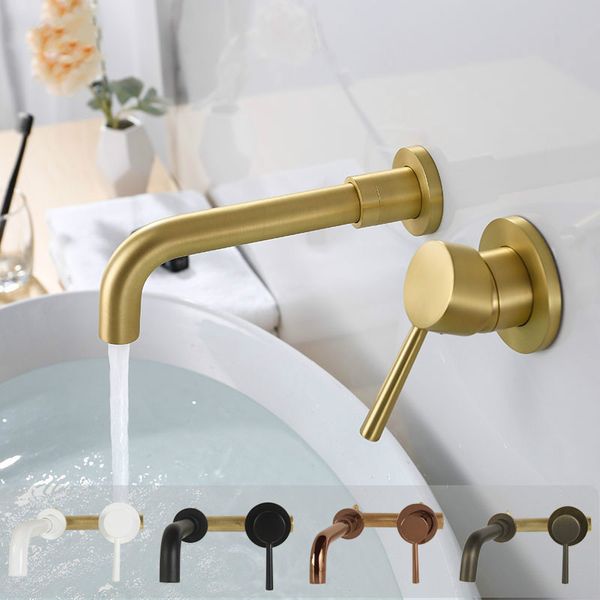 Misturador de pia de parede de latão sólido, torneira de banheiro banhada a ouro preto e cromado com alça única na parede misturador de água 267g