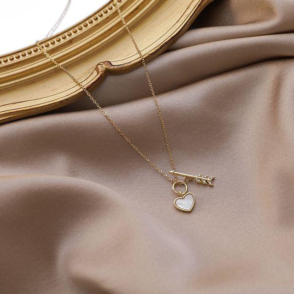 

korea white shell heart chokers necklace cute shiny rhinestones arrow gold color metal chain pendant necklaces for women jewelry, Golden;silver