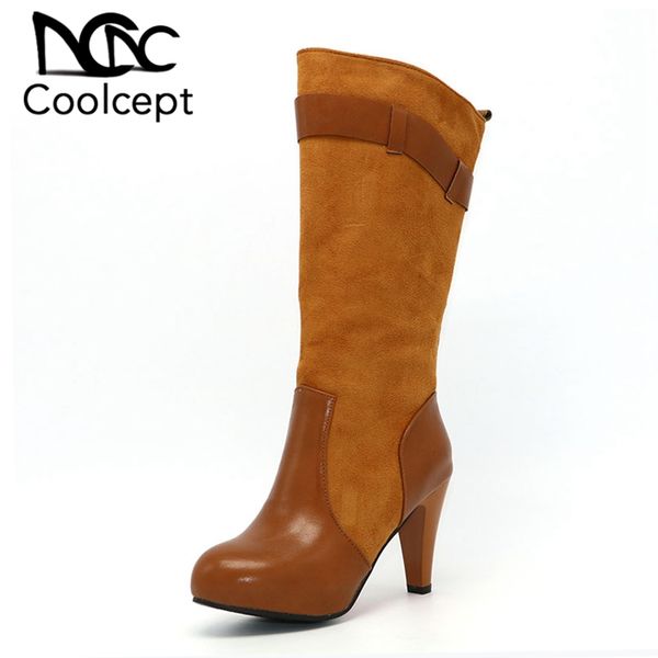 

coolcept women round toe knee boots fashion woman spike heel knight boot female heels footwear shoes size 33-43, Black
