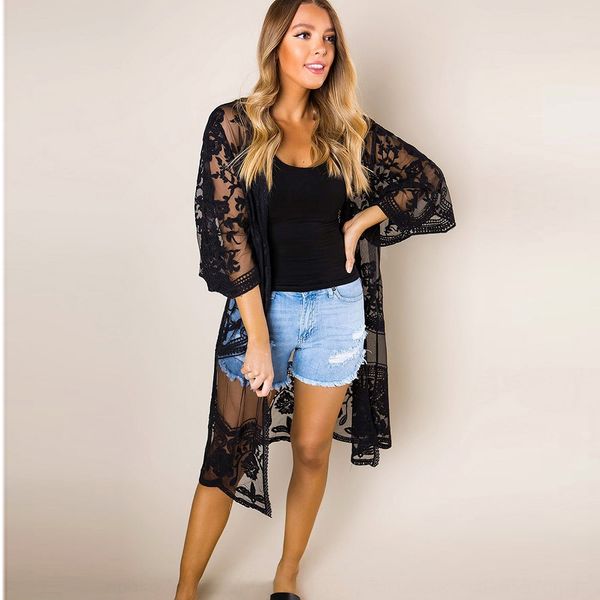 

0xce0 printed beach women's thin medium and long cardigan transparent blouse 85521 printed beach coat women's thin medium and long, White;black