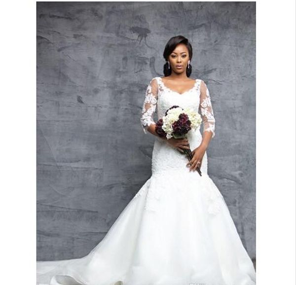 

fashion african designer long sleeves wedding dresses mermaid illusion beaded crystal applique lace wedding bridal gowns cheap, White