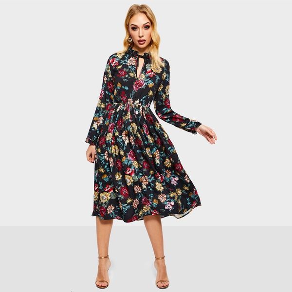 Acheter Femmes Boho Rose Floral Robe Noire Printemps Voyage Plage Arc Collier Profond V Plissé Drapé Grand Swing Fleur Robes C19041501 De 352 Du