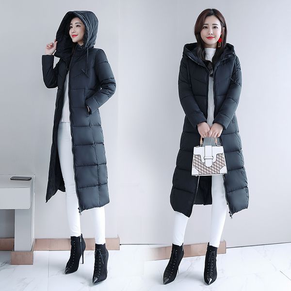 

winter coat 2019 new thicken long over knee slim fit fashion hooded warm down jacket, Black