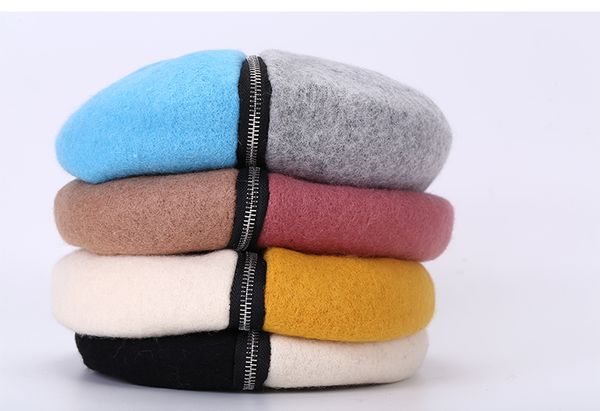 

women autumn winter wool beret zipper decoration beret two color joint, Blue;gray