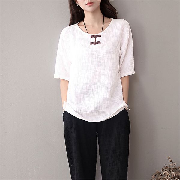 

2019 женщина традиционная китайская tops лето плюс размер белье хлопок застежка блузка винтажная коротким рукавом повседневная рубашка для ж, Red