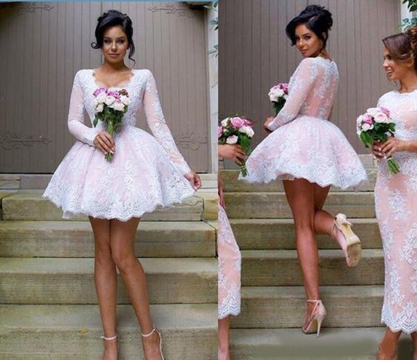 

2020 romantic long sleeves lace homecoming dresses sweet pink short prom dresses v neck mini length party gowns custom made, Blue;pink