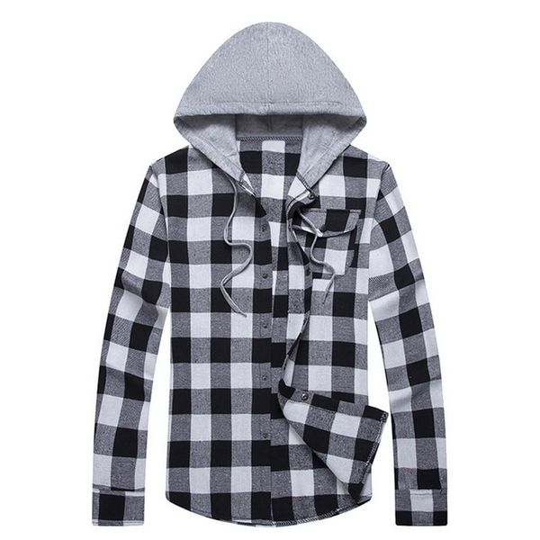 

wenyujh 2019 men casual plaid shirt cotton long-sleeves mens hooded shirt slim fit men dress shirts male shirts camisa masculina, White;black